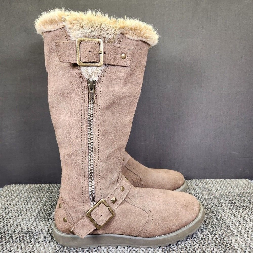 Skechers Women's 7.5 Keepsakes Easy Peasy Taupe Zip Up Fur Trim Suede Tall Boots